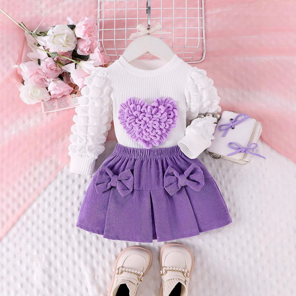 Children's clothing new arrival puff sleeve heart chapter tops+rose red bows skirt set