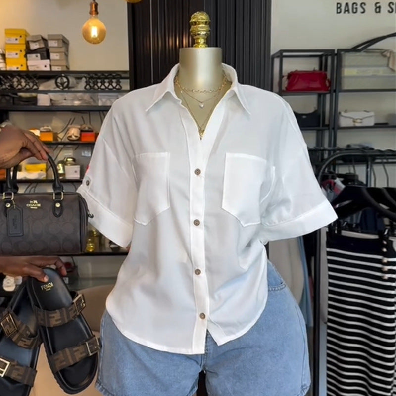 European and american cross-border women's fashion:  autumn new arrival - elegant turn-down collar, solid color, pocket, button-down, designer short-sleeve shirt