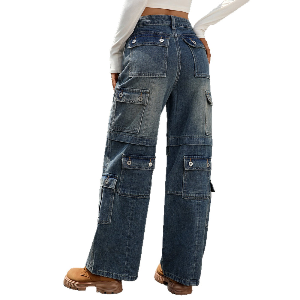 European and american cross-border women's spring/autumn new arrivals:  independent store washed heavy-duty multi-pocket denim cargo pants for women