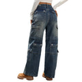 European and american cross-border women's spring/autumn new arrivals:  independent store washed heavy-duty multi-pocket denim cargo pants for women