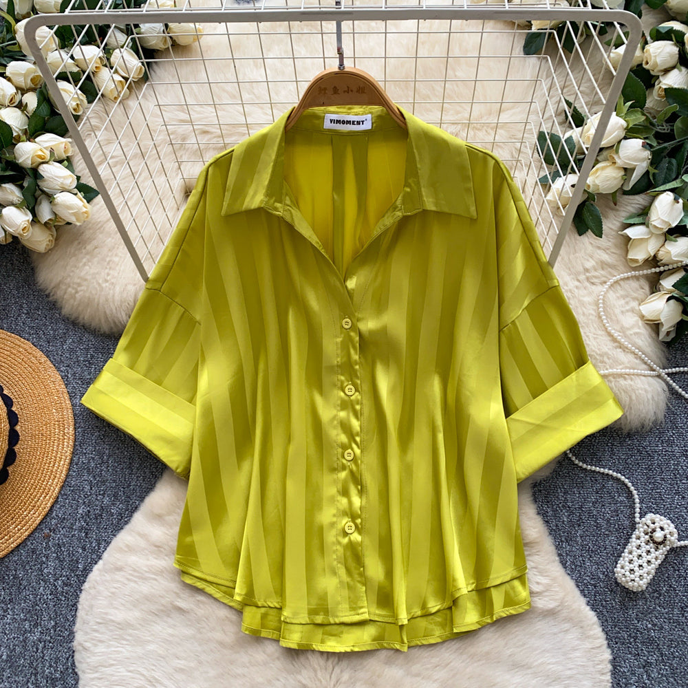 Korean style fashionable niche versatile satin blouse for women,  summer high-end slimming commute chic short top