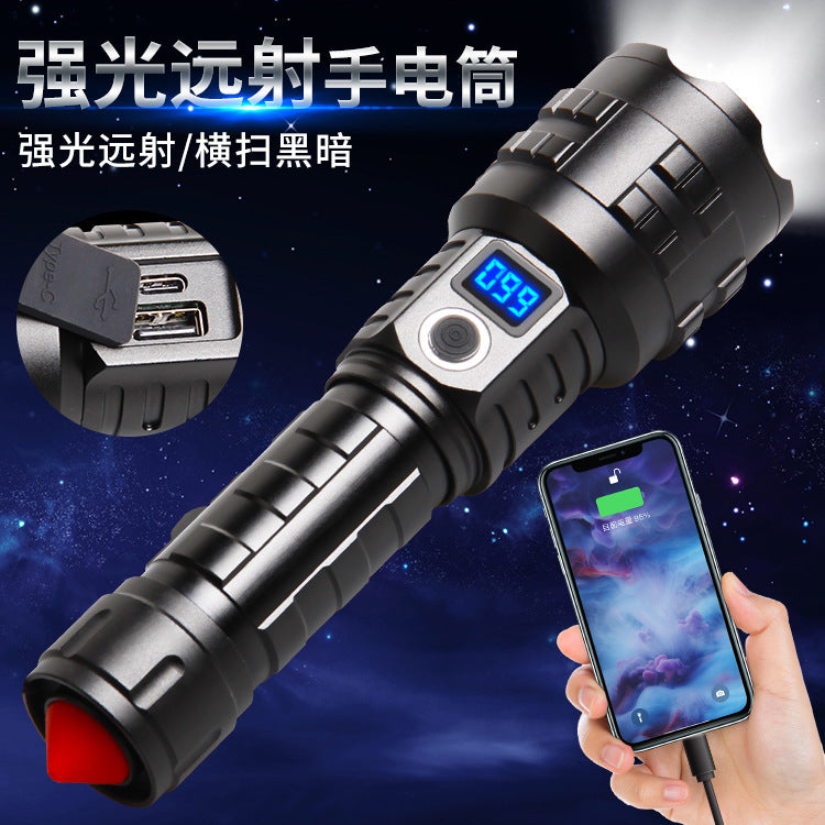 Cross-border new XHP-70 strong light Ttpe-c charging power display safety tail hammer retractable zoom flashlight