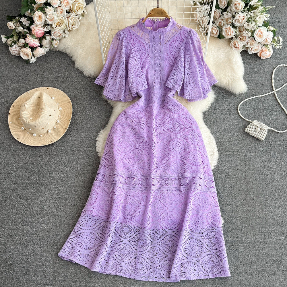 European style gold embroidered lace dress - women's summer a-line dress with delicate cutouts, ruffle sleeves, and a touch of luxury