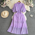 European style gold embroidered lace dress - women's summer a-line dress with delicate cutouts, ruffle sleeves, and a touch of luxury