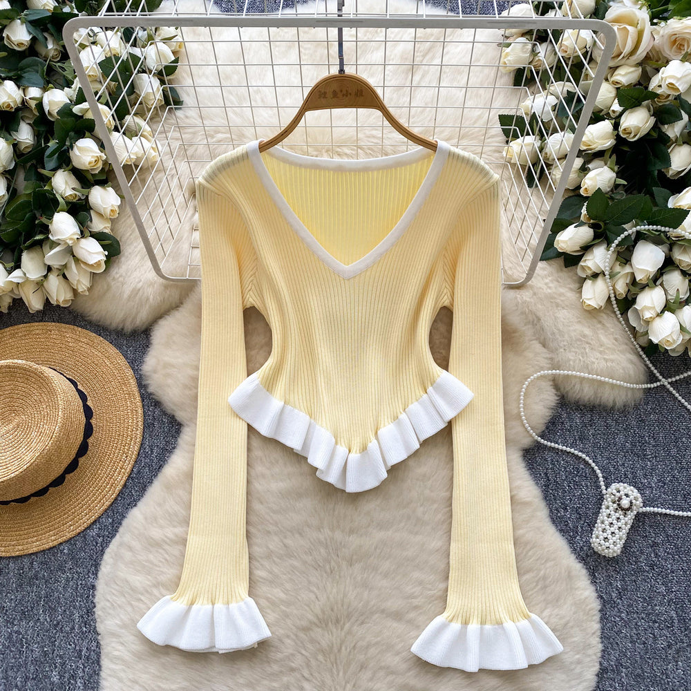 European and american style color block striped knit top - autumn ruffle hem flare sleeve slim fit outerwear base layer