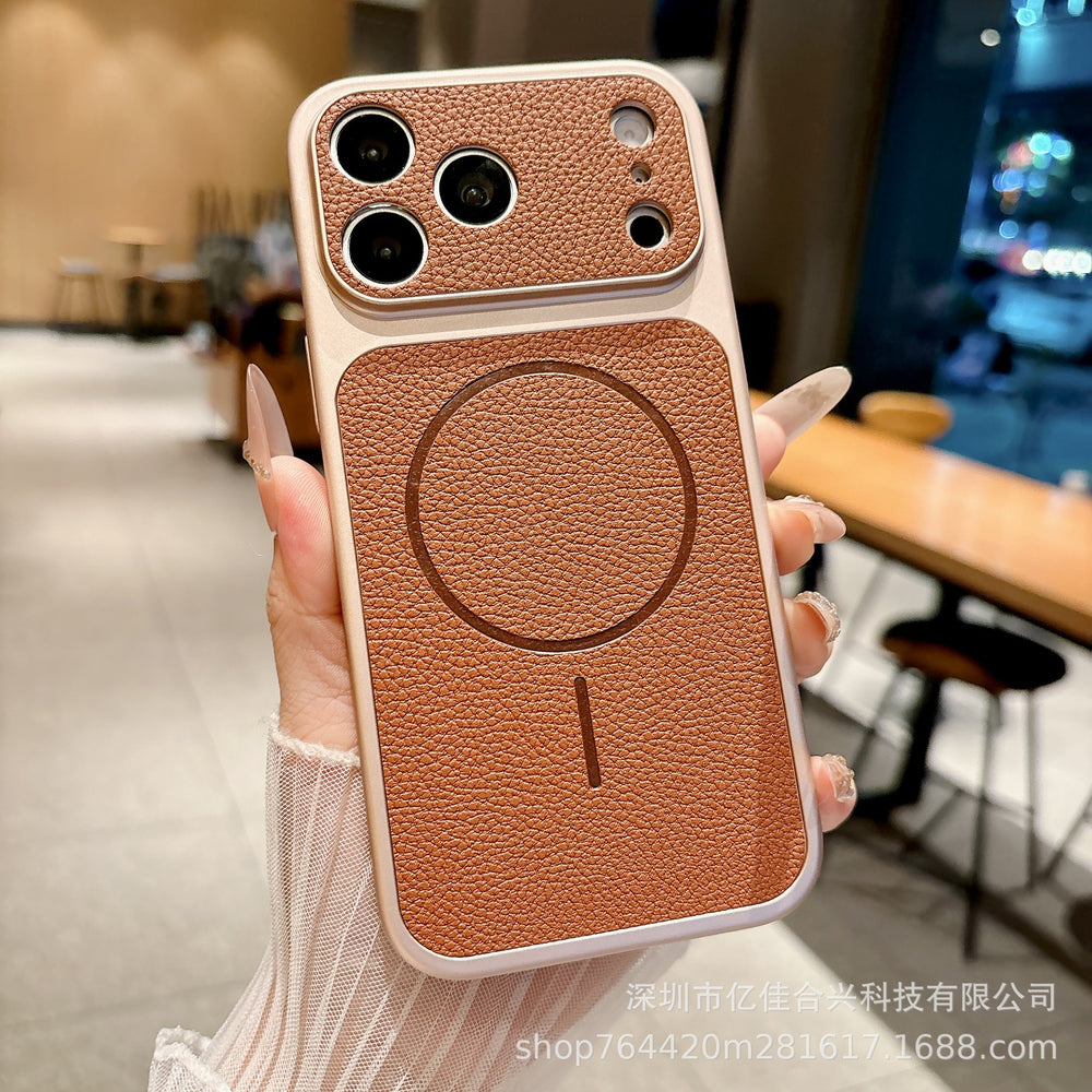 Premium feel instantly transformed: 17promax large view phone case, compatible with 17 new magnetic lychee grain leather apple 16