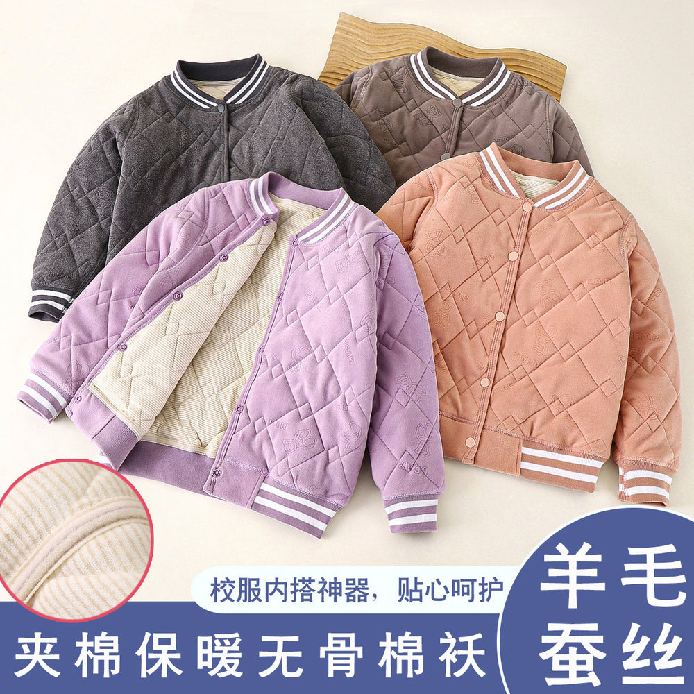 New winter quilted silk-padded baseball jacket: thickened, wearable as outerwear or inner layer, perfect for school uniforms, warm and cozy for boys and girls