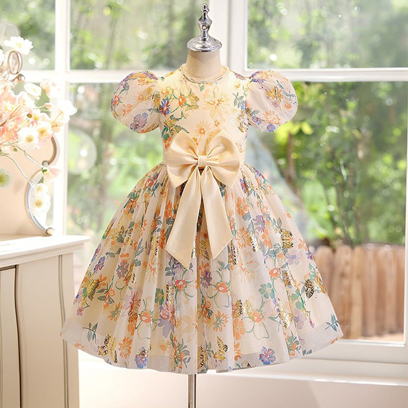 European and american style girls' chic butterfly princess dress - kids' puff sleeve sweet floral sundress for little girls