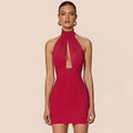 european and american women's clothing  summer new solid color high neck hollow-out ribbon patchwork backless bodycon dress