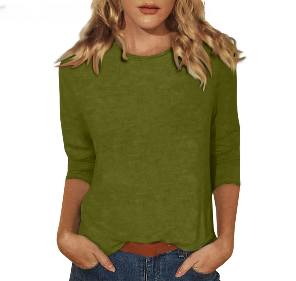 new women's crew neck t-shirt with 3/4 sleeves - solid color top for cross-border  sales
