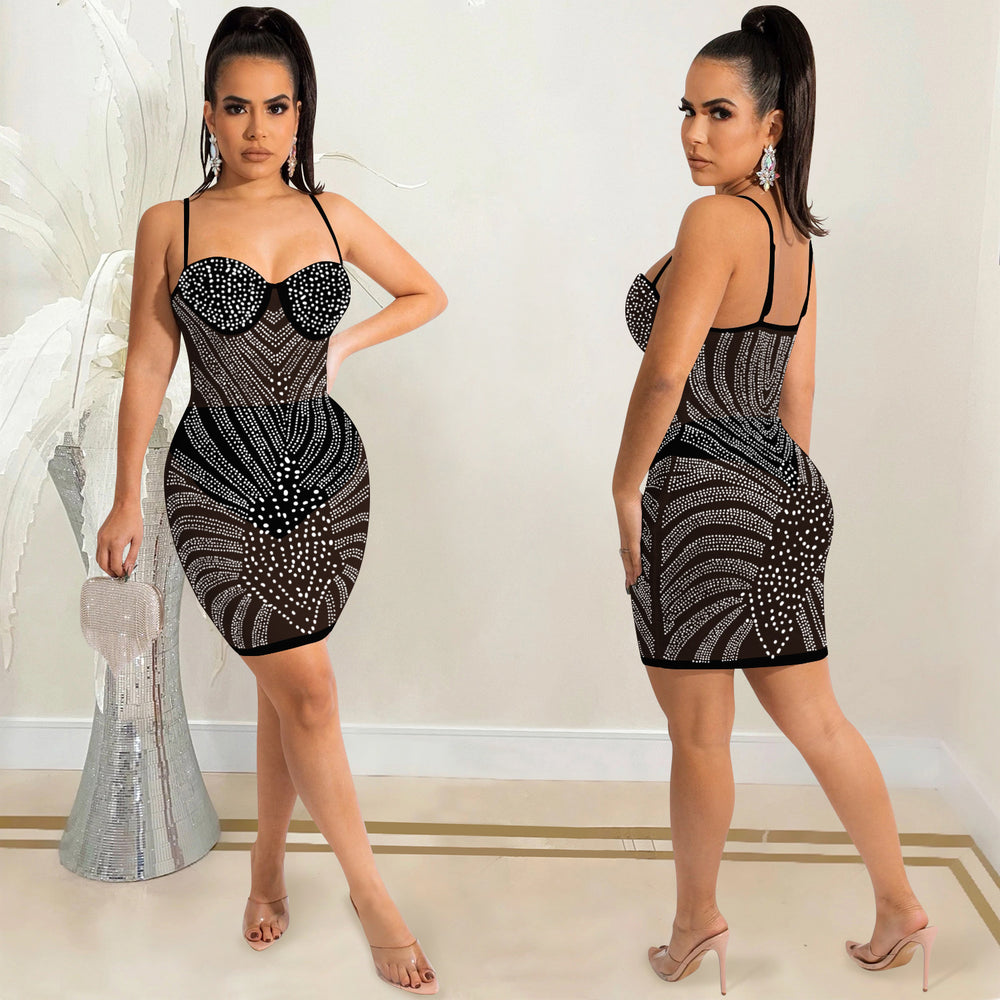 X5650 cross-border  fashion new product hot diamond mesh see-through sexy suspender sleeveless midi dress women