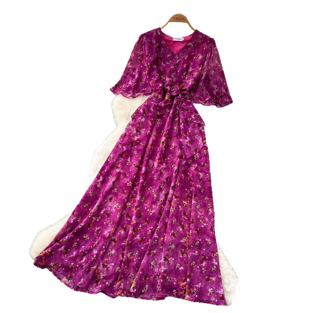 French country style blue floral short-sleeve dress - women's summer v-neck korean style fitted waist elegant maxi dress