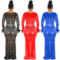 X5605   fashion nightclub party rhinestone women's mesh see-through long sleeve maxi dress