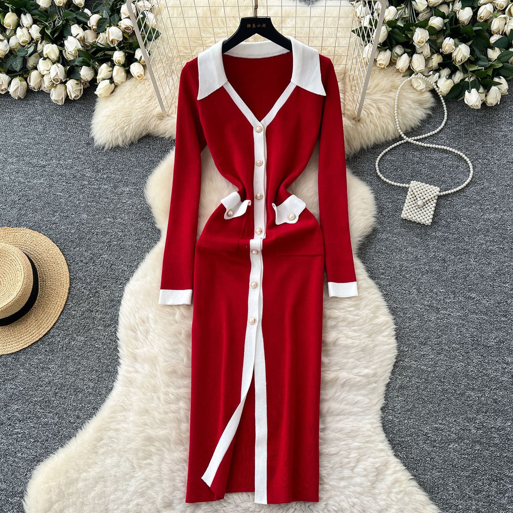French chic color block v-neck single-breasted knit dress - slim fit bodycon maxi dress