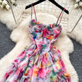 Vacation-inspired tie-dye print cami dress - sexy, high-low, ruffled hem, dopamine dress