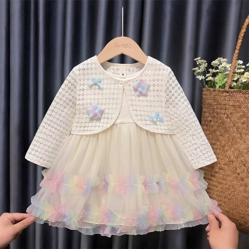 Girls' autumn outfit: korean style children's clothing, fresh plaid star pattern girl's set, hollow knit vest with gradient detail