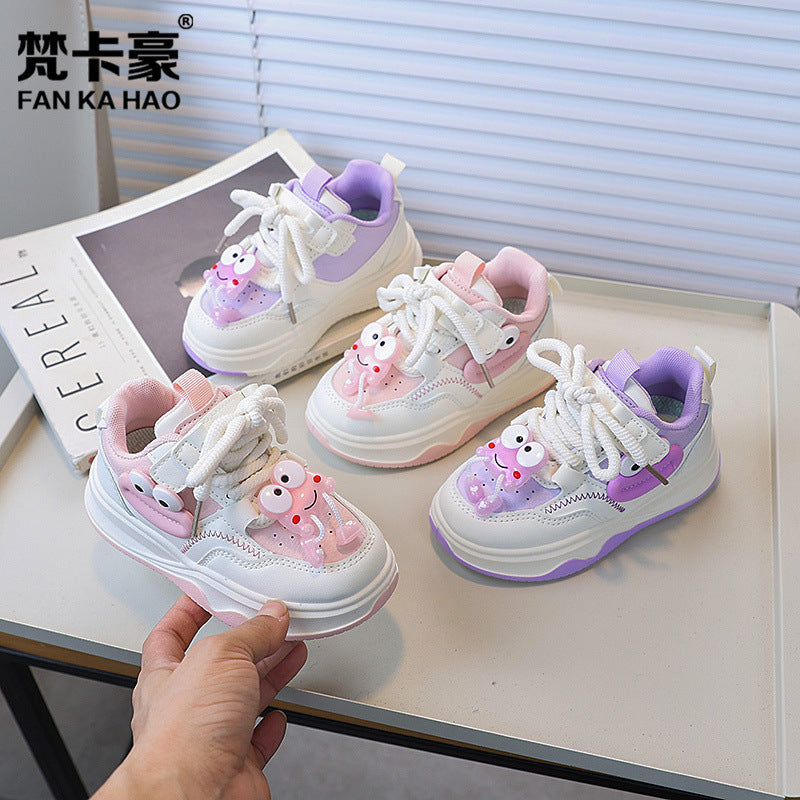 Girls' chunky sole cartoon sneakers - new autumn  korean style kids' fashion athletic shoes - versatile white sneakers for students