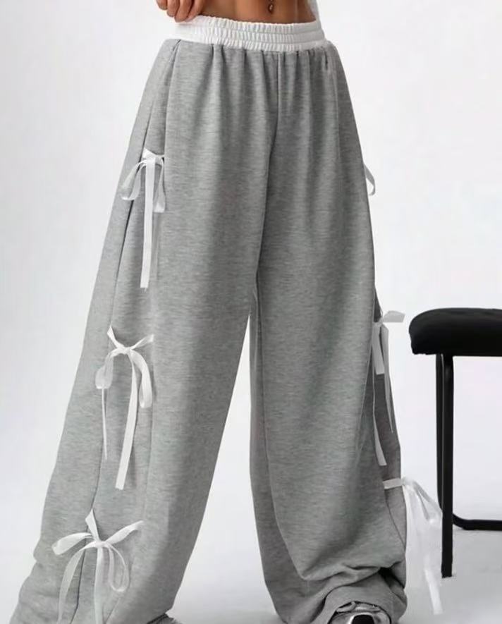 european and american style women's spring/autumn elastic waistband color-blocked straight-leg casual white athletic pants with bow detail