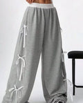 european and american style women's spring/autumn elastic waistband color-blocked straight-leg casual white athletic pants with bow detail