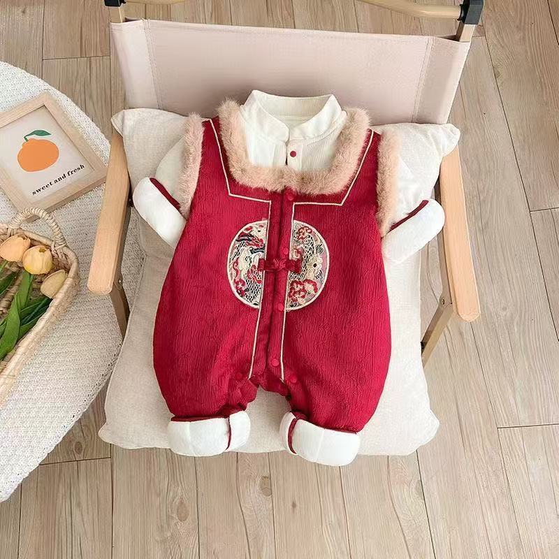 Baby new year's clothes winter clothes baby boy chinese style thickened jumpsuit winter full moon 100 days khaki crawling suit