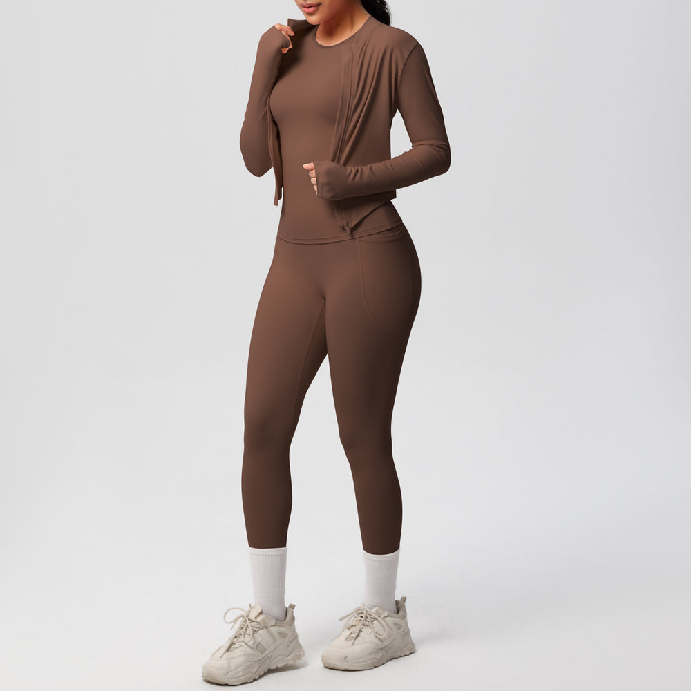 European and american new cloud-feel brushed short-sleeve activewear set: zip-up jacket, casual running top, and butt-lifting yoga leggings - women's 3-piece set