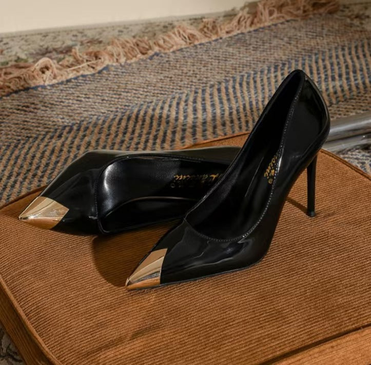 French plus size2025 black patent leather sexy spring new arrival pointed toe women's metal toe high heels elegant stiletto flats