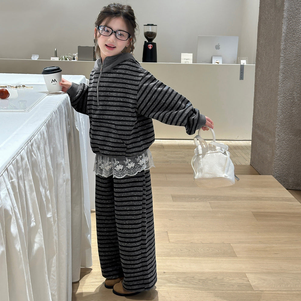 Girls' outfit set:  spring/autumn new korean style striped hoodie and wide-leg pants two-piece casual trendy set for mid-to-large children