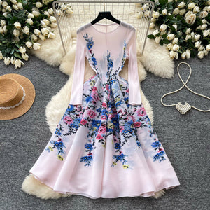 French romantic style printed stretch dress - women's summer long sleeve slim fit a-line dress - high-end commute dress