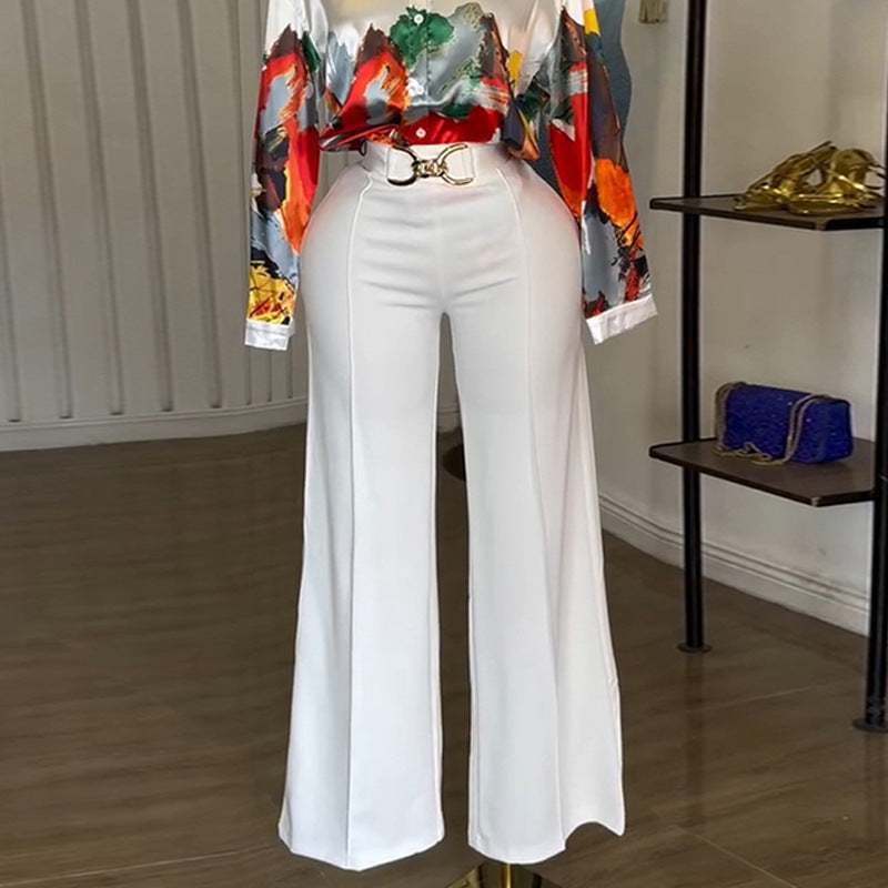 European and american cross-border women's fashion  summer new arrival: elegant turn-down collar, loose-fit printed long-sleeve shirt and wide-leg pants set