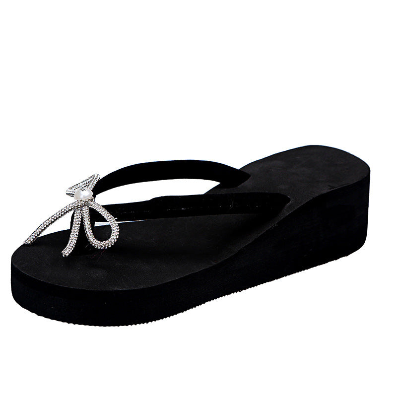 Summer rhinestone chunky sole casual women's slides beach flip-flops plus size bowknot heart sandals