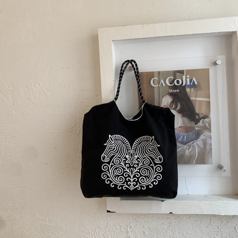 Casual women's shoulder & crossbody bag - large capacity shopping tote - nylon canvas bag - spring handmade printed fabric bag