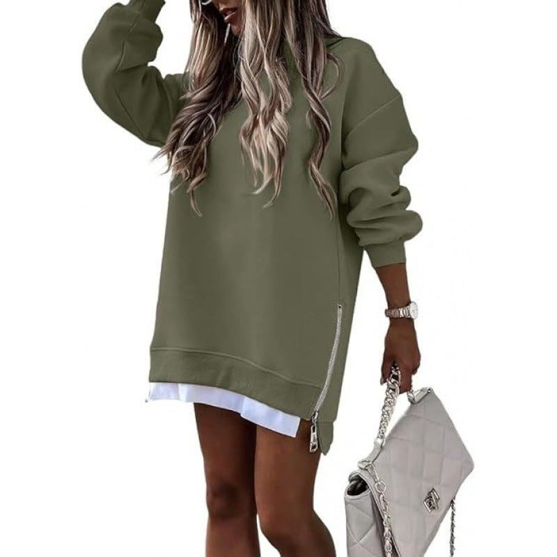 independent station  hot seller: autumn/winter fashion patchwork side-zip pullover sweatshirt for women
