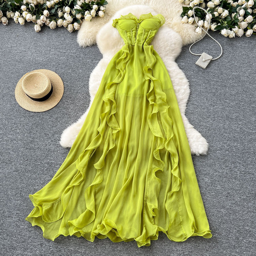 Vacation-ready dress:  summer french-inspired sexy bandeau dress - slimming, high-waisted, slit, ruffle-trimmed, asymmetrical maxi dress