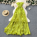 Vacation-ready dress:  summer french-inspired sexy bandeau dress - slimming, high-waisted, slit, ruffle-trimmed, asymmetrical maxi dress