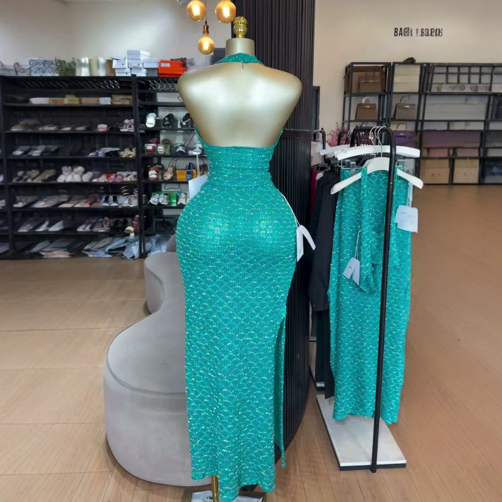 European and american cross-border women's fashion:  summer new arrivals - sexy halter neck, backless, sleeveless top and high-waisted midi skirt set