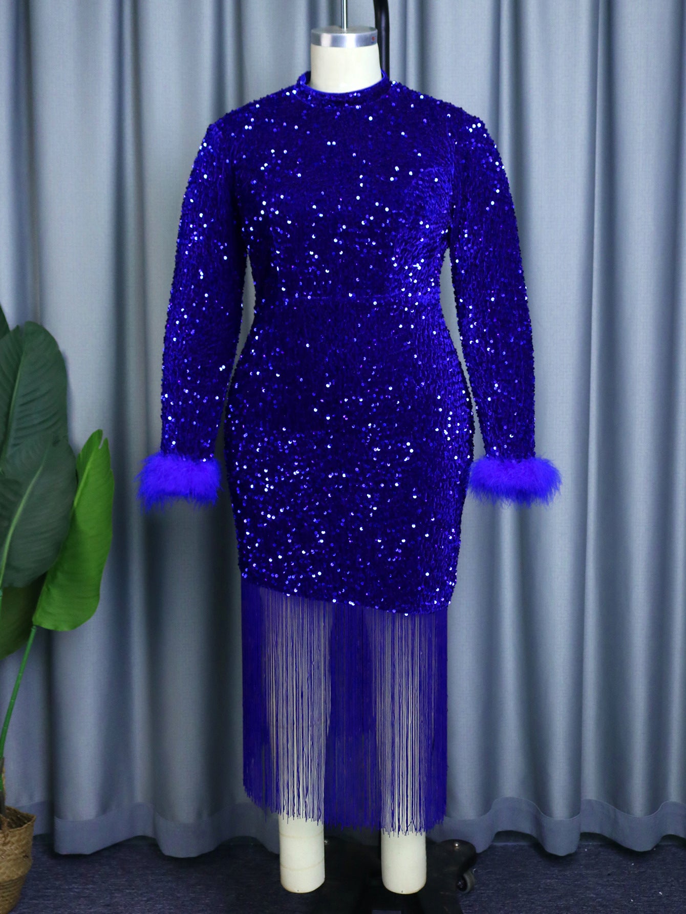 AM030703 Christmas Dress Long Sleeve Skirt, Party Banquet Ball Costume Tassel Sequin Dress Dress