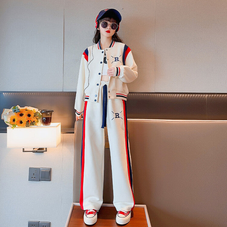 Girls' fall outfit set : stylish korean-inspired casual two-piece set for mid-to-large children - cardigan and sportswear