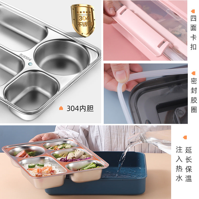 304 stainless steel divided lunch box - portable student bento box with lid, compartments, handle, insulated tray, and utensils