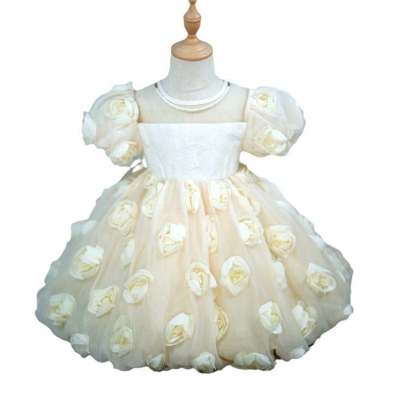 Kids' birthday cake dress - 3d floral bud, stylish little girl princess dress, girls' dress, new european and american cross-border style
