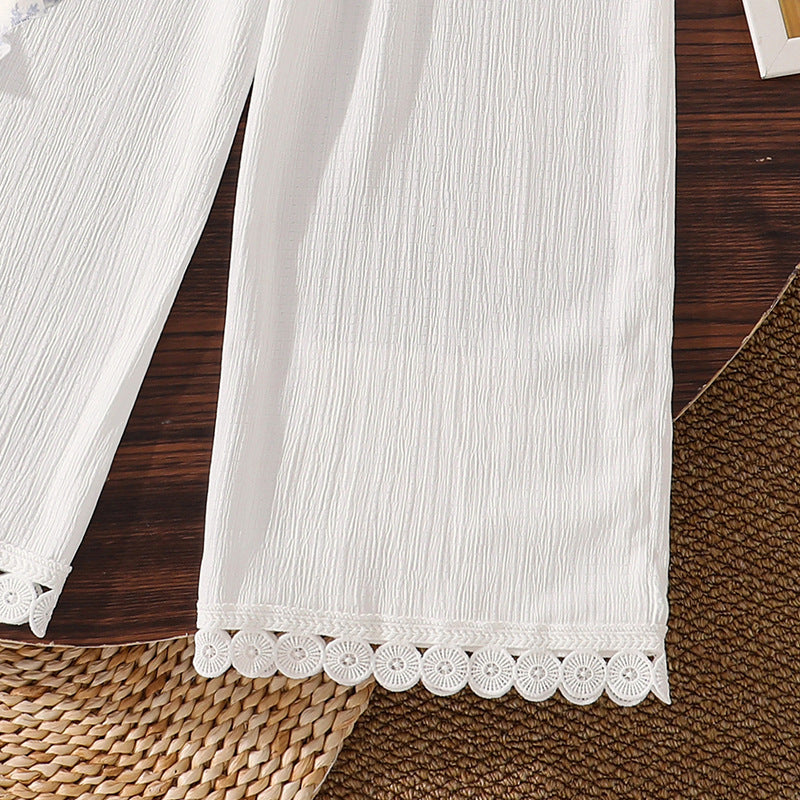 Girls' two-piece set:  spring/summer new french print irregular hem cami top and lace wide-leg pants