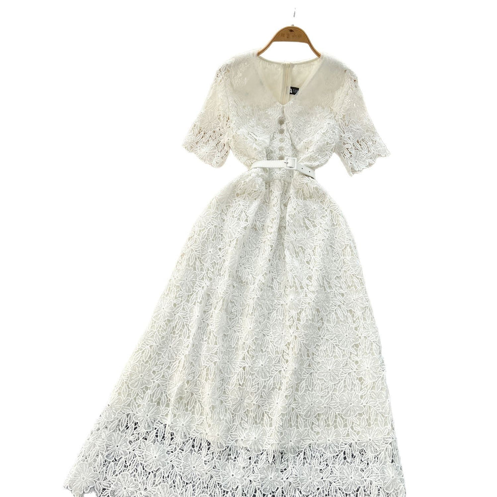High-end hollow-out crochet lace dress for women,  summer collection: slimming, figure-flattering, peter pan collar, short sleeve, elegant maxi dress
