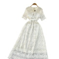 High-end hollow-out crochet lace dress for women,  summer collection: slimming, figure-flattering, peter pan collar, short sleeve, elegant maxi dress