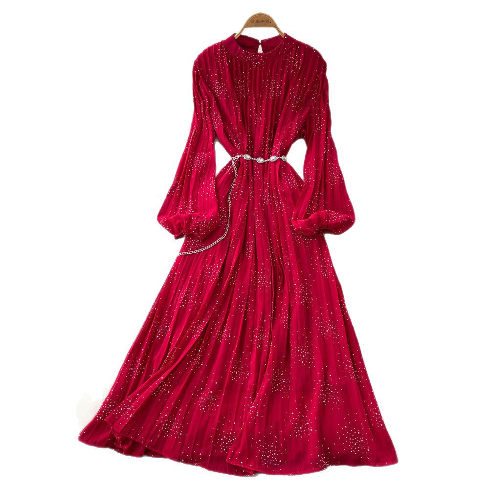 French style pleated bodycon dress - women's spring long sleeve a-line dress - cinched waist, elegant and gentle long dress