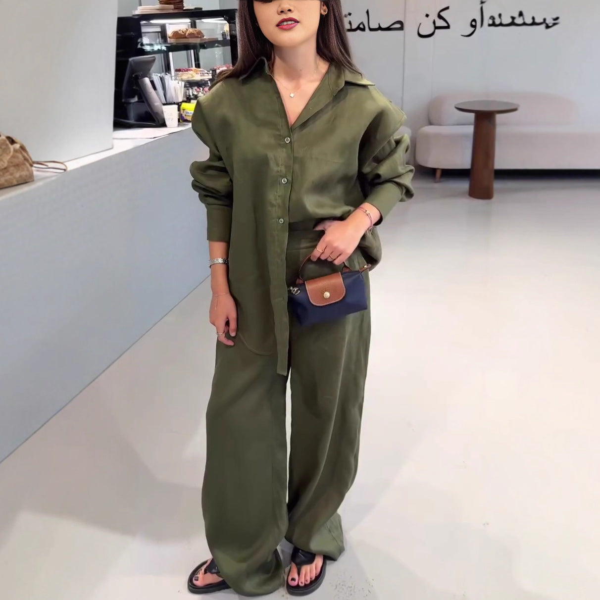 Cross-border European and American solid color long-sleeved cardigan shirt set women's  foreign style fashion women's casual trousers two-piece set