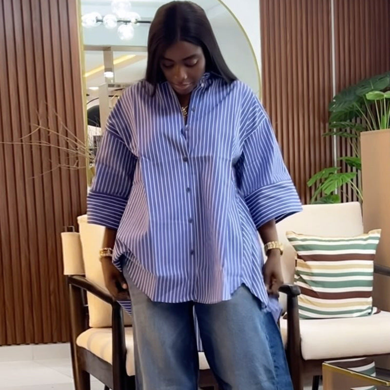 European and american cross-border women's fashion:  summer new arrival - stylish blue striped long-sleeve shirt, loose fit, slimming long-sleeve top