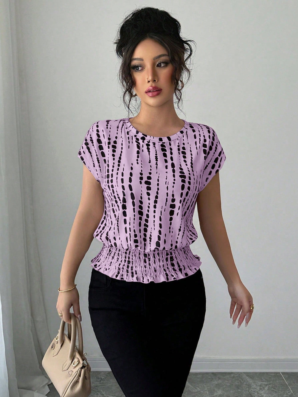 cross-border   independent station fashion women's summer short sleeve round neck elastic waist printing shirt