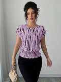 cross-border   independent station fashion women's summer short sleeve round neck elastic waist printing shirt