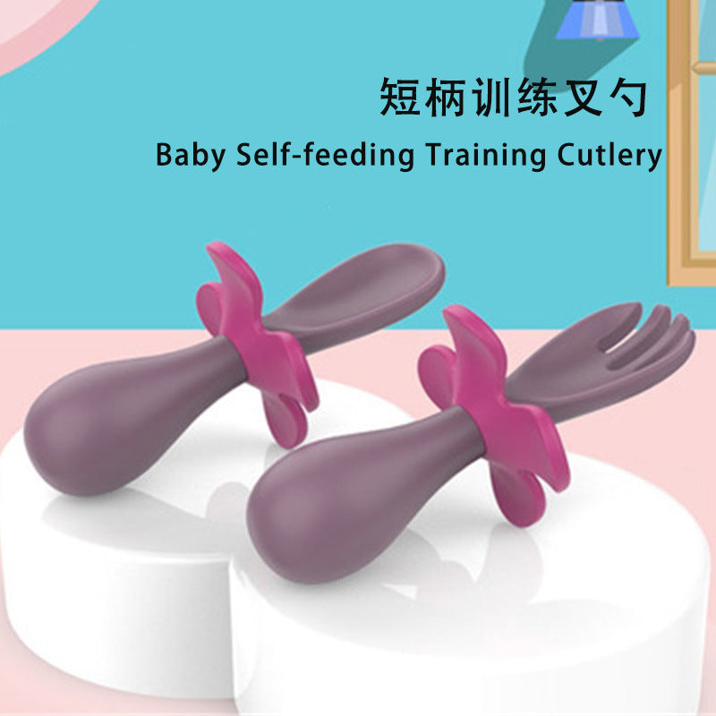 Custom baby short-handled flower training spoon, baby spoon, infant learning to eat supplementary food fork and spoon feeding utensil set