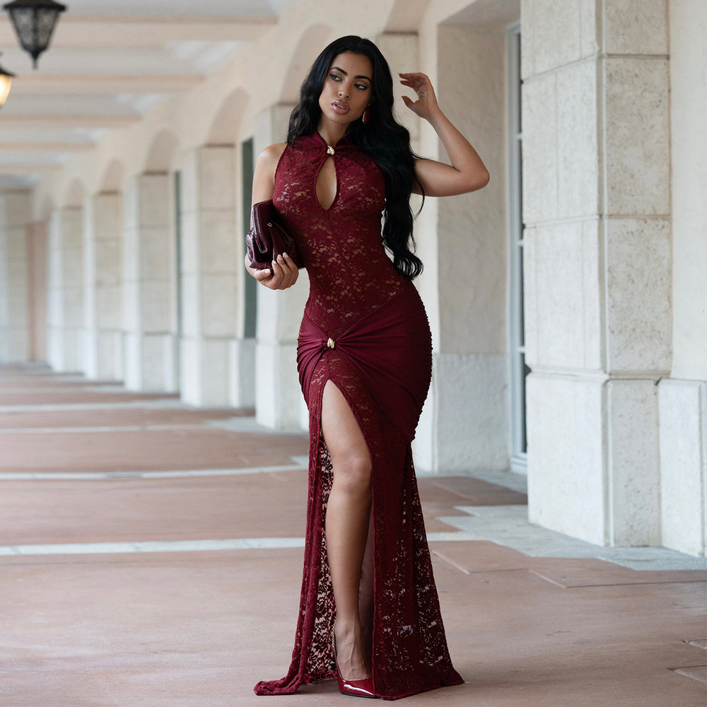 C7641 cross-border   fashion women's sexy lace hollow-out slit bodycon dress