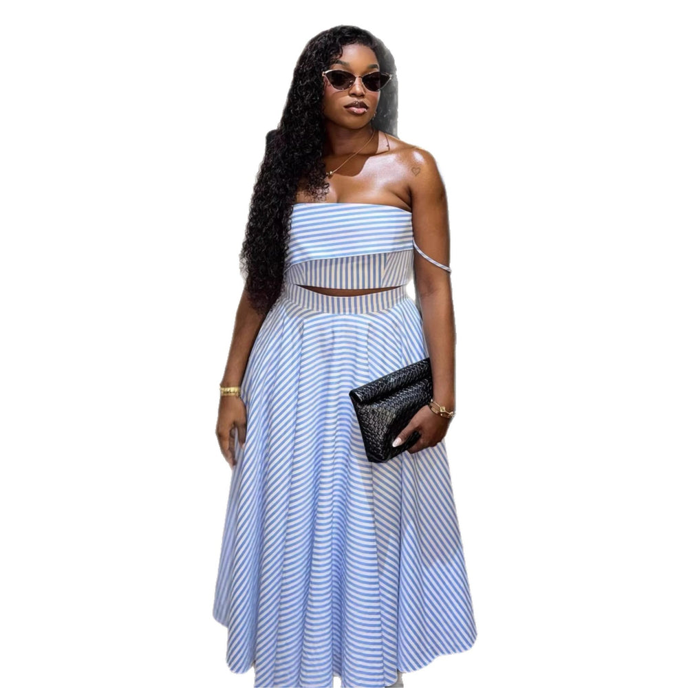 European and american cross-border women's fashion:  summer new collection - stylish blue and white striped camisole top with high-waisted midi skirt set